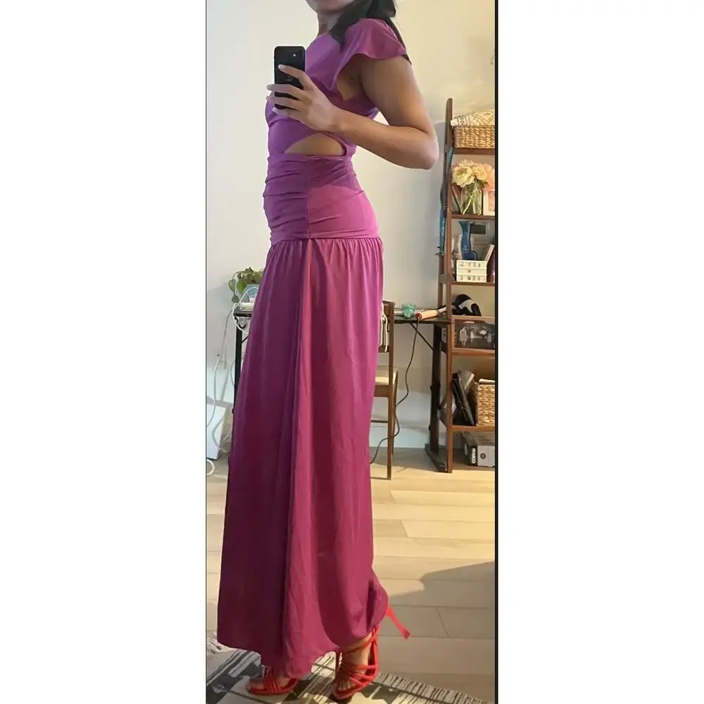 Tanya Taylor Magenta Ruched Gown SIZE 4 Cut Out Asymmetric Slit Designer $600 - Picture 10 of 12
